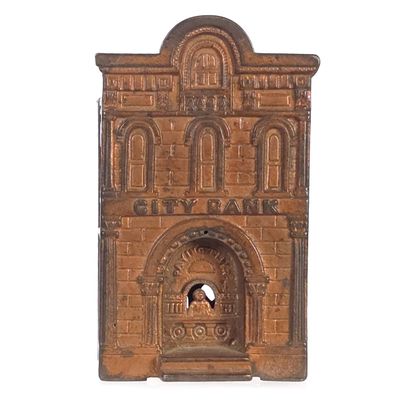 Sale Photo Thumbnail #542: H.L. Judd Co. Cast Iron City Bank w/Paying Teller Still Bank