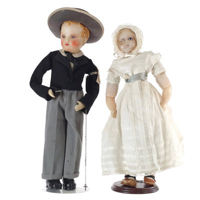 Sale Photo Thumbnail #632: (2) Pair of Antique Wax Over Dolls