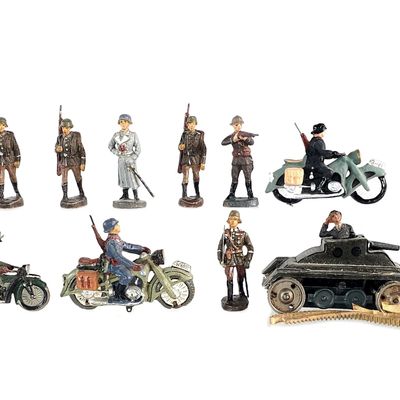 Sale Photo Thumbnail #323: (10) Gama Panzer Tank with Elastolin BMW Motorcycle & Figures