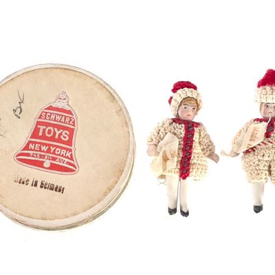 Sale Photo Thumbnail #638: 1.5" Tiny Bisque Dolls with Kitted Outfits MIB FAO Schwarz
