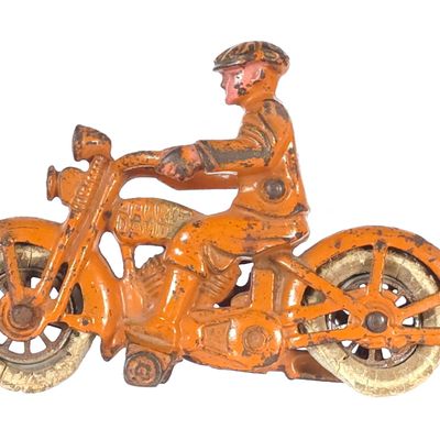 Sale Photo Thumbnail #406: Hubley Civilian Motorcycle Orange Cast Iron