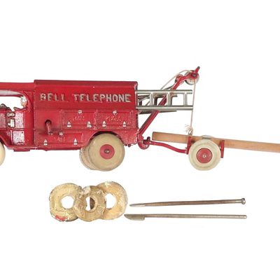 Sale Photo Thumbnail #452: Hubley Red Bell Telephone Truck & Accessories