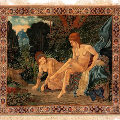 Vintage Persian Tabriz ?Diane Sortant du Bain? Tableau Rug - 5 ft x 4 ft 6 in (1.52 m x 1.37 m)