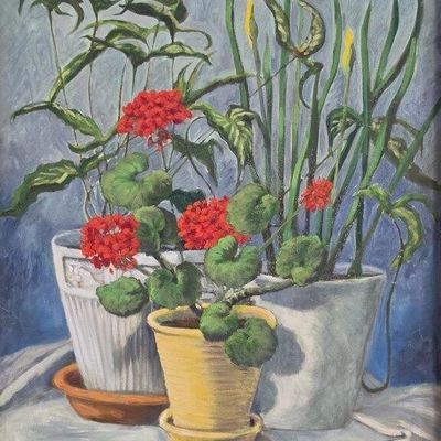Sale Photo Thumbnail #142: A (Ann) T Solomon 24x18 O/C Geraniums and Iris