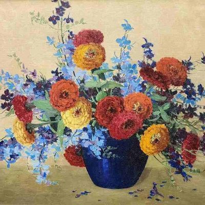 Sale Photo Thumbnail #129: Leota W Loop 25x30 O/C "Zinnias and Delphinium"