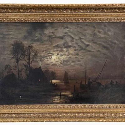 Sale Photo Thumbnail #152: Unsigned 16x25 O/C Harbor Nocturne, Figures