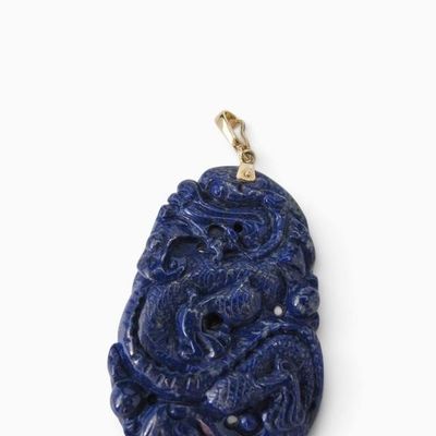 Sale Photo Thumbnail #111: 14K Carved Lapis 33g Dragon Enhancer Pendant
