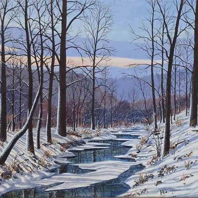 Sale Photo Thumbnail #138: W Harold Hancock 18x24 Acrylic Winter Stream