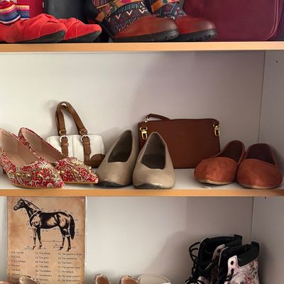 Sale Photo Thumbnail #63: Assortment of women's shoes and handbags displayed on shelves, including patterned ankle boots, embellished flats, and a pair of floral skull combat boots.