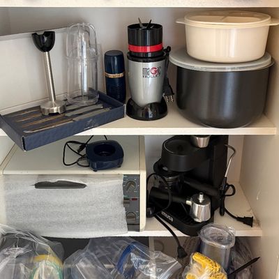 Sale Photo Thumbnail #92: Assorted small kitchen appliances and household items on shelves, including a Magic Bullet blender, an Imusa espresso maker, and a toaster oven.