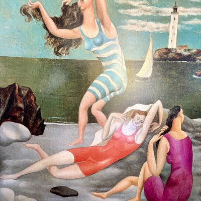 Sale Photo Thumbnail #82: Vintage surrealist-style painting depicting three women on a rocky beach with a lighthouse and sailboat in the background.