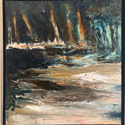 Framed impressionist oil landscape painting depicting a forest stream, signed by artist Robert Elsocht in the lower right corner.