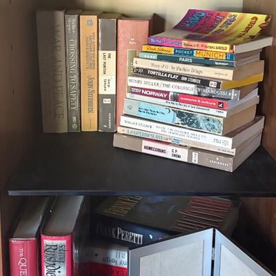 A collection of vintage and modern books, including hardcover and paperback editions, displayed on three shelves of a wooden bookcase...