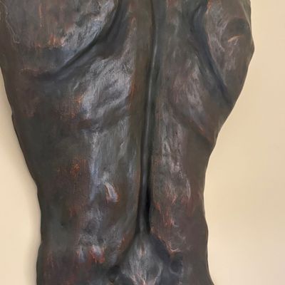 Large wall-hanging sculpture depicting a stylized male back torso, crafted with a textured, dark bronze-colored finish and reddish...
