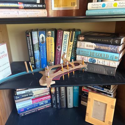 A collection of hardcover and paperback books, including biography and history titles, arranged on wooden bookshelves alongside a small...
