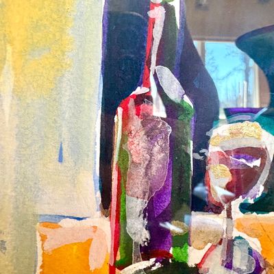 Abstract watercolor still life painting depicting a bottle and wine glass, signed and dated '93 in the lower left corner.