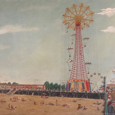 Original oil painting depicting the iconic Parachute Jump and boardwalk at Coney Island's Steeplechase Park, signed by artist J....