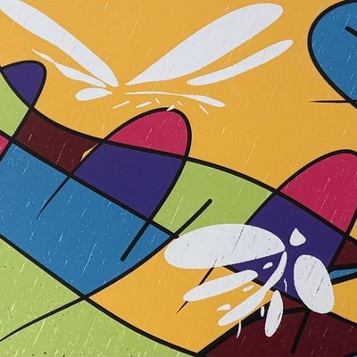 Alexander Calder lithograph featuring bold, abstract shapes in primary colors, green, and purple, accented by white insect-like figures...