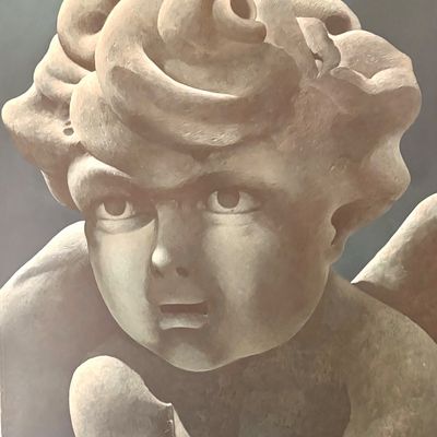 Large-scale oil painting depicting a close-up of a stone cherub statue, rendered in soft, muted earth tones.