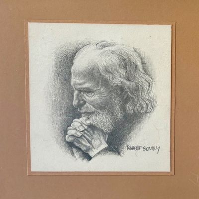 Pencil sketch portrait of an elderly bearded man with clasped hands, signed by artist Robert Gentry, mounted on a brown mat board.