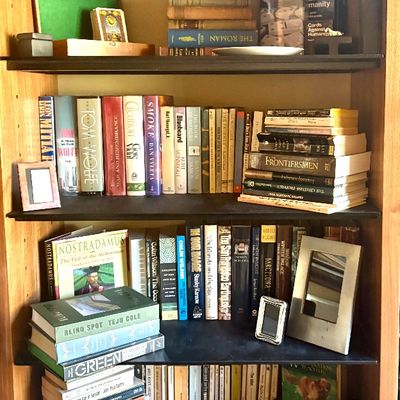 Tall wooden bookcase filled with a variety of books, decorative duck figurines, picture frames, and board games.