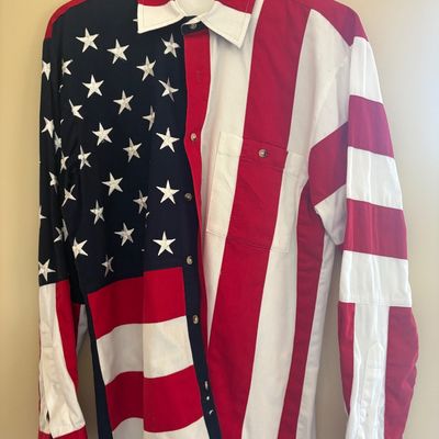 Men's long-sleeve button-down shirt featuring an American flag design with embroidered stars and red and white stripes.