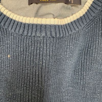 Nautica blue ribbed knit cotton sweater, size medium, featuring a crew neck with white trim.