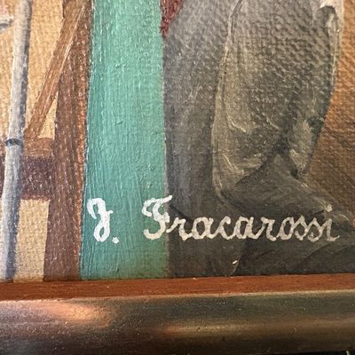 Close-up detail of an oil painting on canvas showing the artist's signature, "J. Fracarossi," in white script.