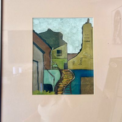 Framed mid-century expressionist landscape painting depicting buildings and a winding path, signed 'A. Turner' in the lower...