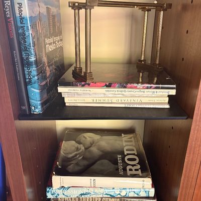A collection of art and photography books, including titles on Rodin and French painting, displayed on wooden shelves alongside a small...
