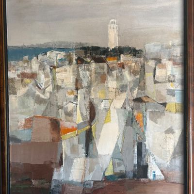 Mid-century abstract oil painting of San Francisco's Coit Tower and Telegraph Hill by Jean Kalisch, housed in a dark wood frame.