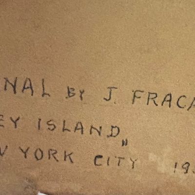 Handwritten inscription on the back of an artwork reading "Original by J. Fracarossi, 'Coney Island', New York City,...