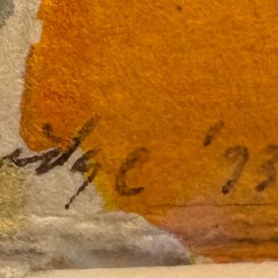 Close-up detail of an artist's signature and date, "'93", on a colorful watercolor painting.