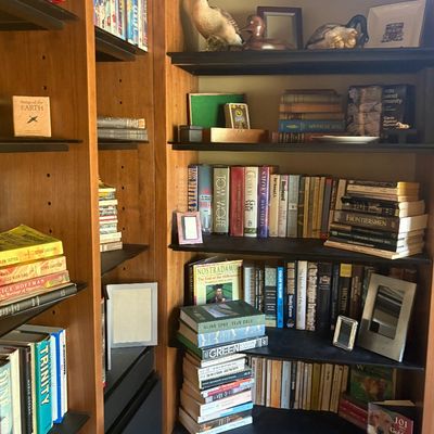 Two tall wooden bookcases filled with a variety of books, decorative duck decoys, picture frames, and board games.