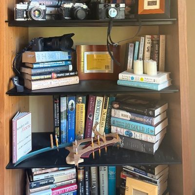 Tall wooden bookcase with dark shelves, filled with vintage cameras, books, picture frames, and decorative objects.