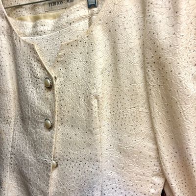 Vintage Richie Freeman for Teri Jon Nites cream-colored textured jacket and skirt set, featuring subtle metallic shimmer and decorative...