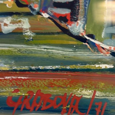 Detail of an abstract expressionist painting featuring a bold red signature reading "GRABOVAC / 71" in the lower left corner.
