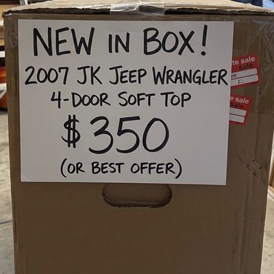 New in box 2007 JK Jeep Wrangler 4-door soft top, priced at $350 or best offer.