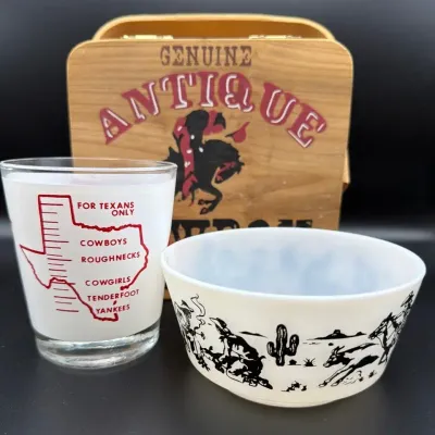 Vintage Hazel Cowboy Atlas Glass Cereal Bowl, Texas Jigger Glass And Cowboy Basket