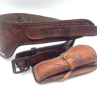 Vintage Western Style Leather Drop Loop Belt With Matching Revolver Holster