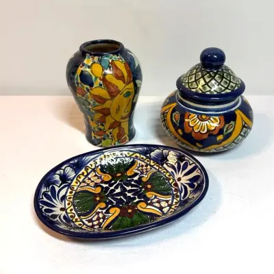 Colorful Hand painted Talavera Style Oval Serving Dish, Ceramic Jar, Ceramic Vase, 6 Small Bowls 