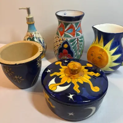 Mexican Talavera Style Ceramic Vase & Lidded Bowl, Glazed Ceramic Pitcher, Soap Dispenser & Planter