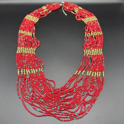 Southwestern Style, Long, Beaded Necklace, Red, Turquoise, And Gold Tones