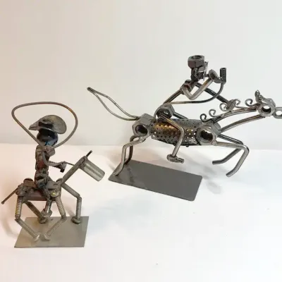 TWO Vintage Industrial Metal Art Sculptures including Steve Appels BOLT PEOPLE "Cowboy"
