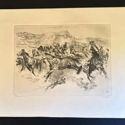 Vintage R.H. Palenske Unframed Etching Reproduced in Talio Chrome Titled “Bringing ‘em in”
