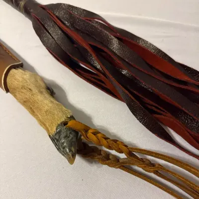 Vintage Western Folk Art Equestrian Quirts: Handmade Hoof Handle & Multi-Tail Leather Riding Whips
