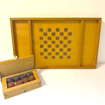 Vintage Wooden Checkerboard With 12 Black, 12 Red Checkers in Vintage Wood Box