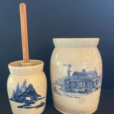 Vintage Hand-Painted Cobalt Blue Salt-Glazed Stoneware Pieces