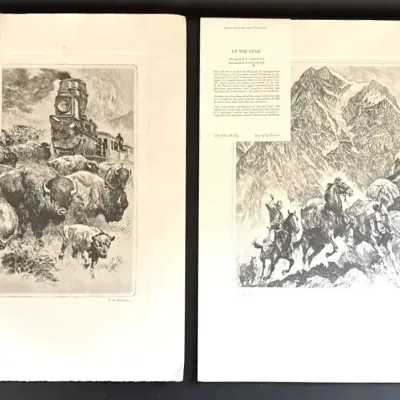 VTG R.H. Palenske Unframed Etching Reproduced in Talio-Chrome Titled “In no hurry” & “Up the trail” 
