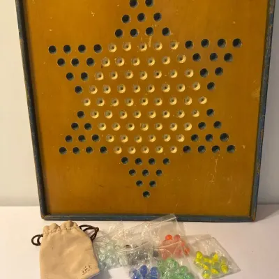 Vintage Wooden Chinese Checkers Board With Glass Marbles